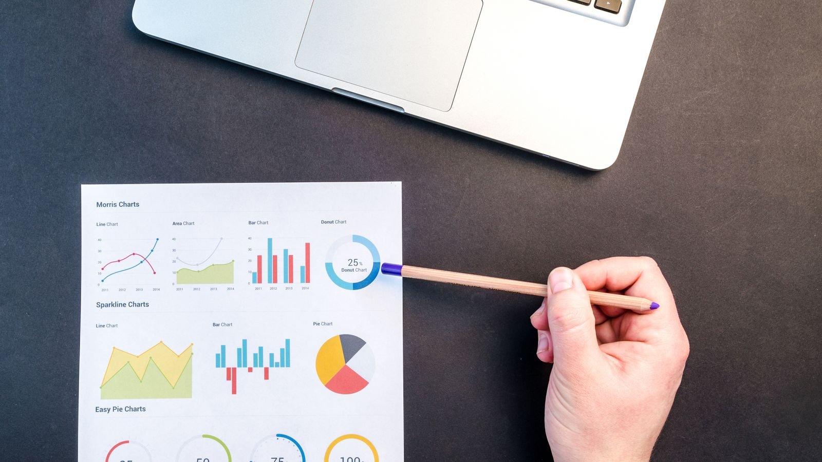 Hand with a pencil reviewing printed data charts next to a laptop